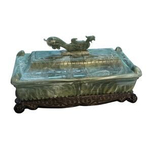 Vintage trinket box storage container Asian dragon green & black pressed plastic